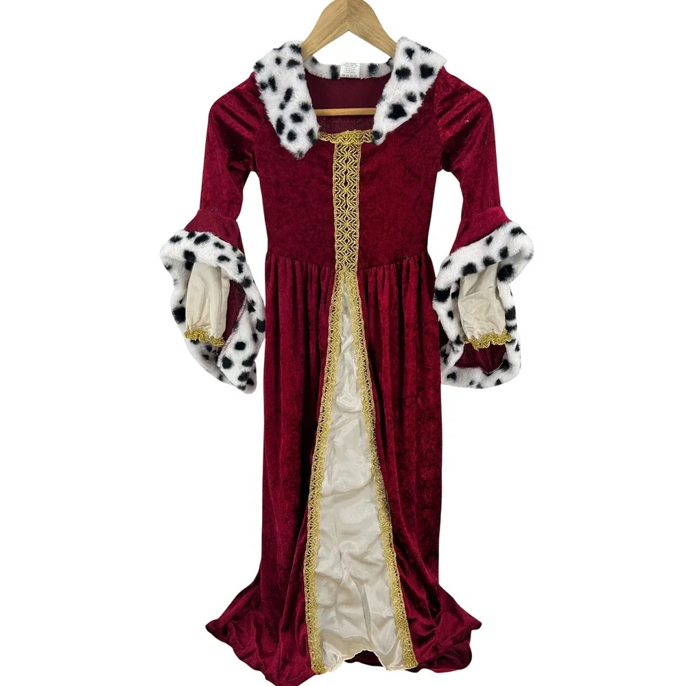 Dress Up America Girls Queen Costume Burgundy Velvet Dalmatian Fur Size M 8-10